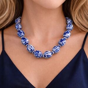 Vintage 1970s Blue & White Porcelain Beaded Necklace 25” Asian Art Deco Style